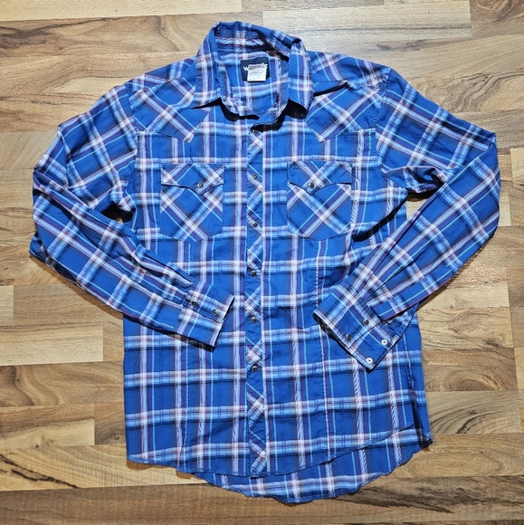 Wrangler Pearl Snap Blue Plaid Medium Western - Picture 1 of 9
